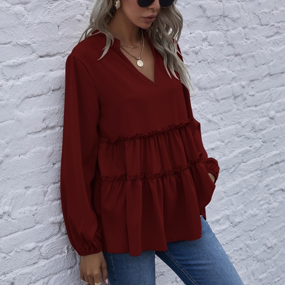 Boho Burgundy v neck ruffle babydoll Blouse Minimalist - Picture 14 of 14